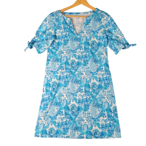 Lilly Pulitzer Easley Dress Size S Blue White Palm Print Short Sleeve Knit - Picture 1 of 6